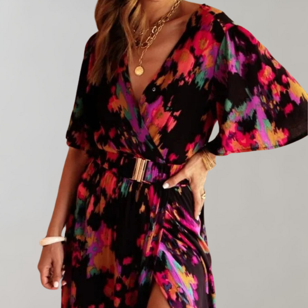Snake Print V-Neck Flutter Sleeve Wrap High Split Maxi Dress 3