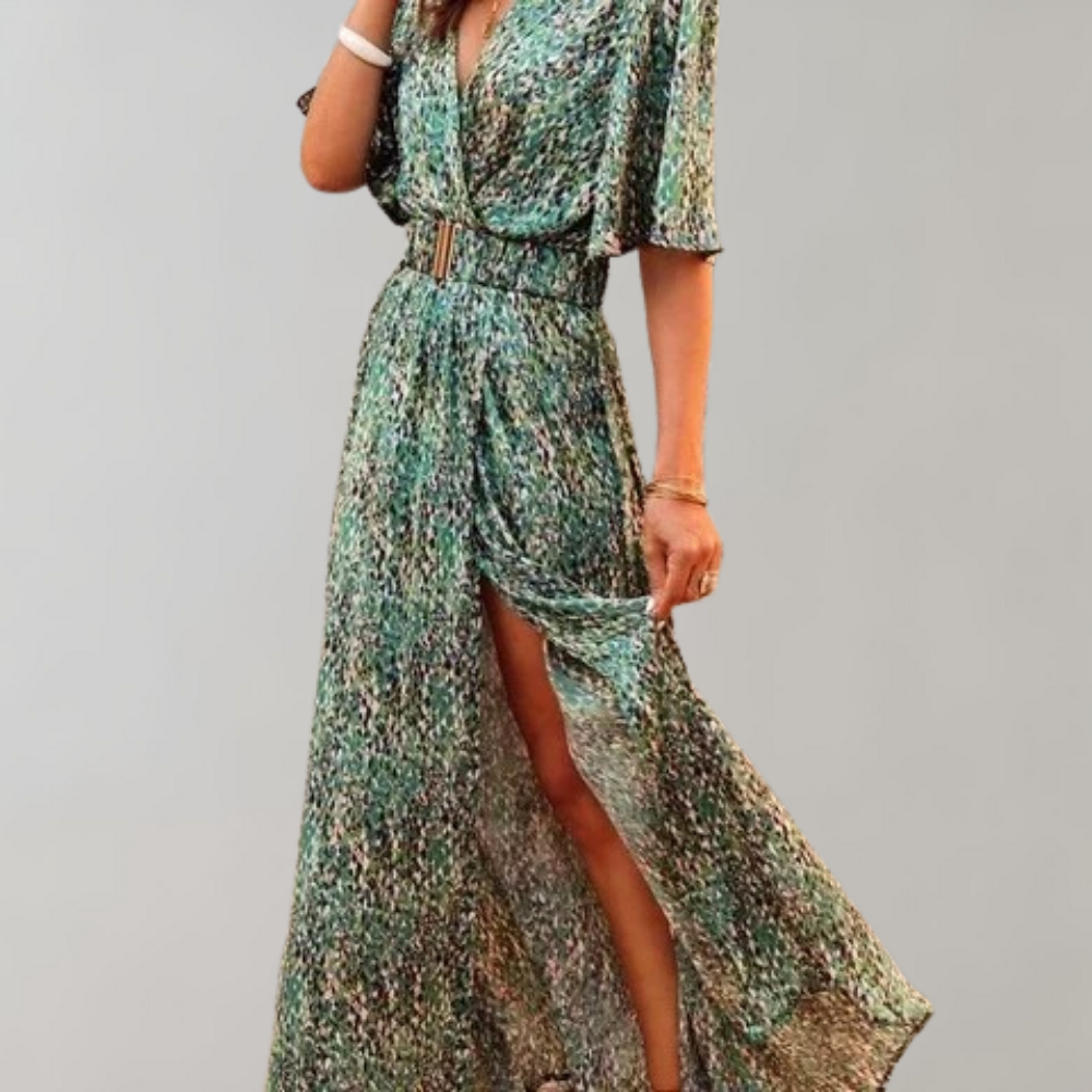 Abstract Print Wrap Flutter Sleeve Belted High Split Maxi Dress