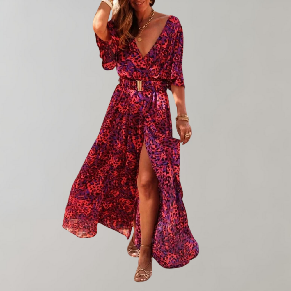 Abstract Print Wrap Flutter Sleeve Belted High Split Maxi Dress