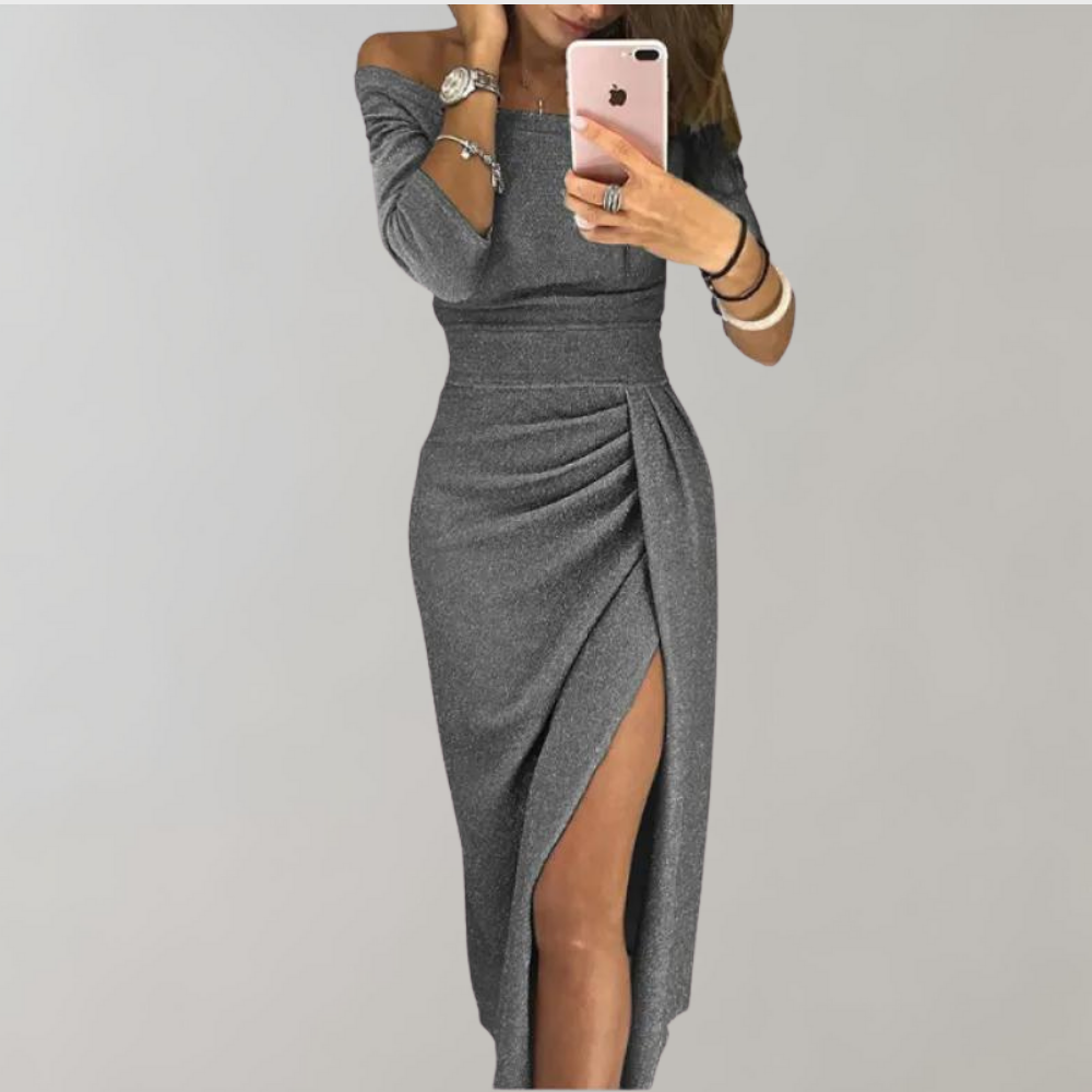 Glitter Off Shoulder Waistband Ruched Wrap High Split Bodycon Midi Dress