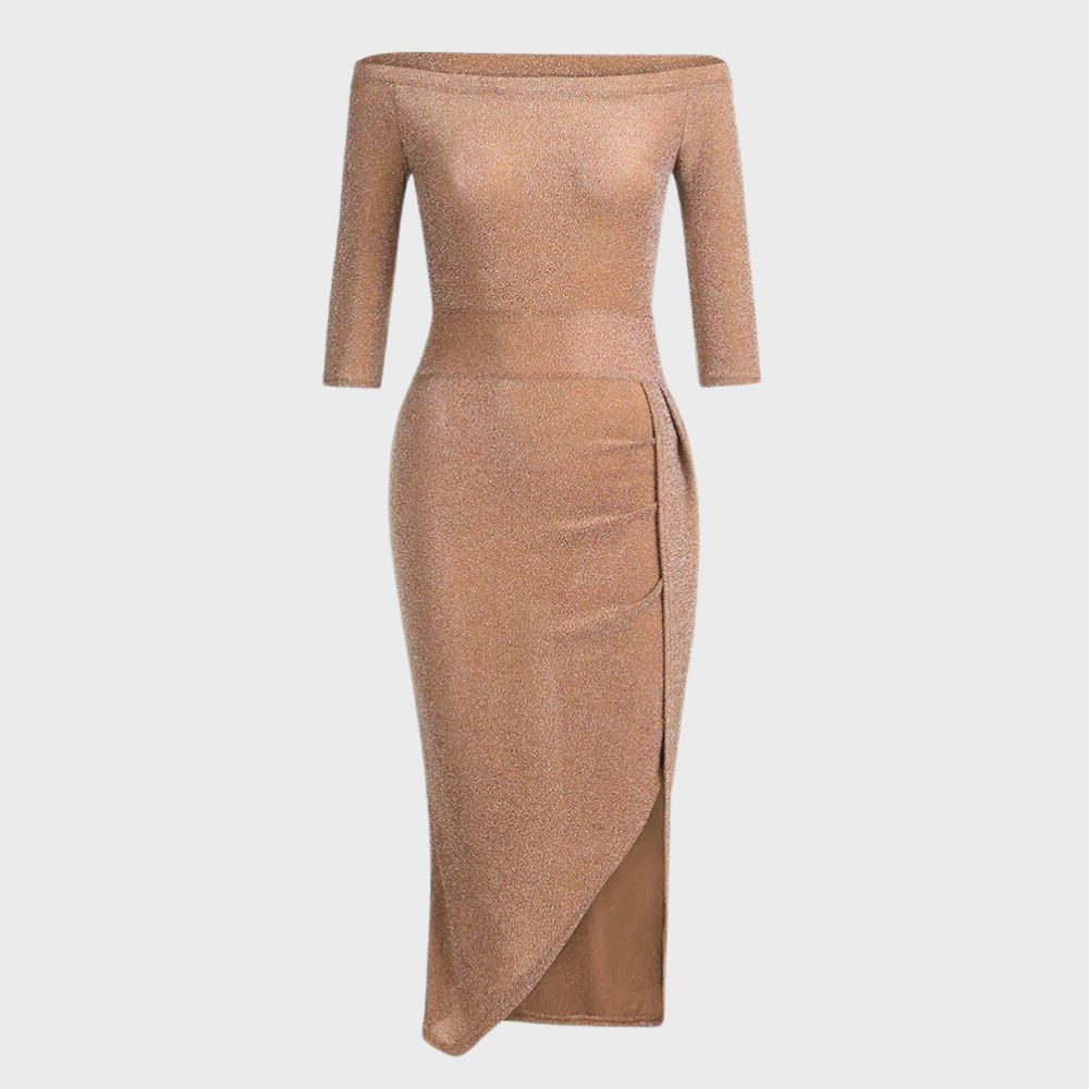 Glitter Off Shoulder Waistband Ruched Wrap High Split Bodycon Midi Dress