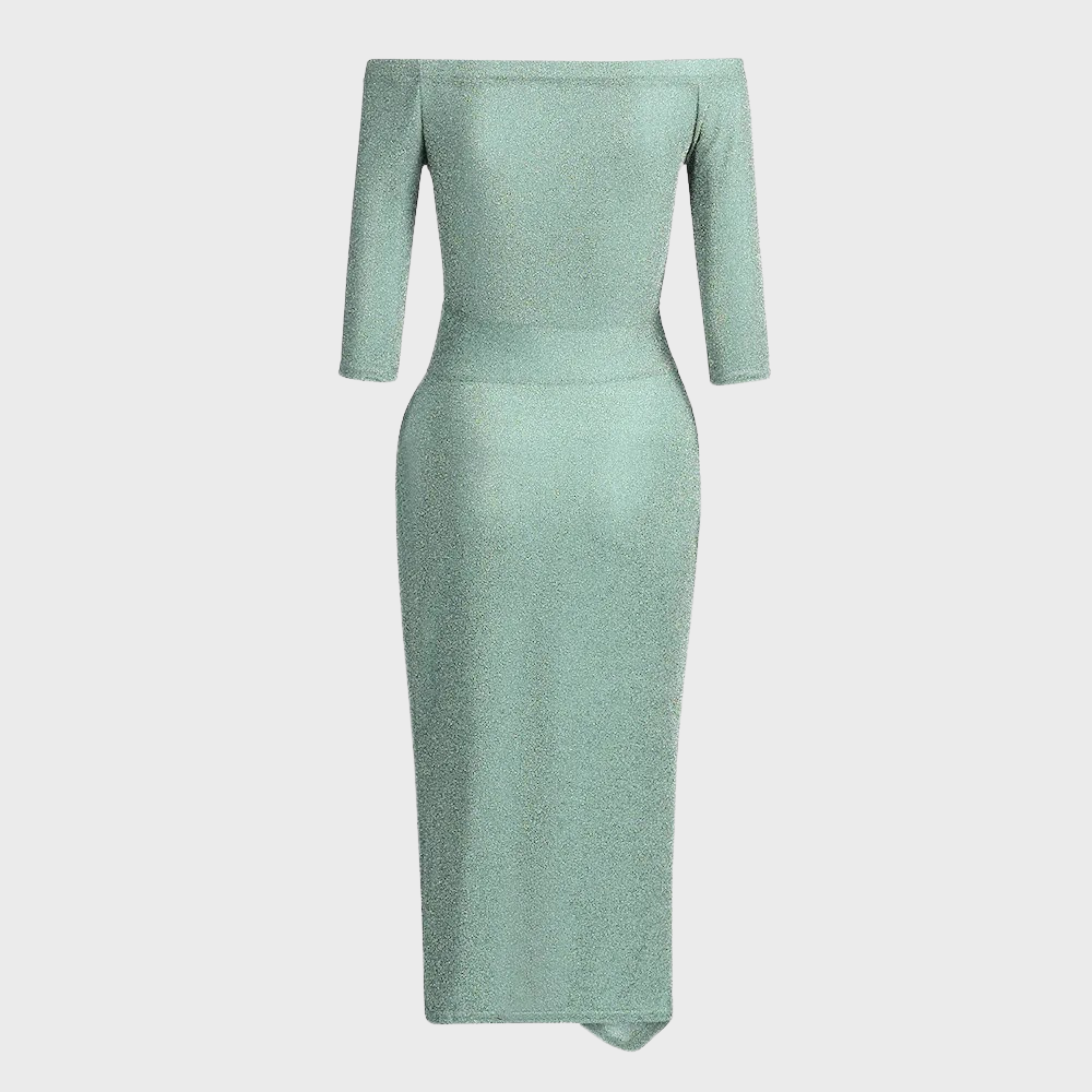 Glitter Off Shoulder Waistband Ruched Wrap High Split Bodycon Midi Dress