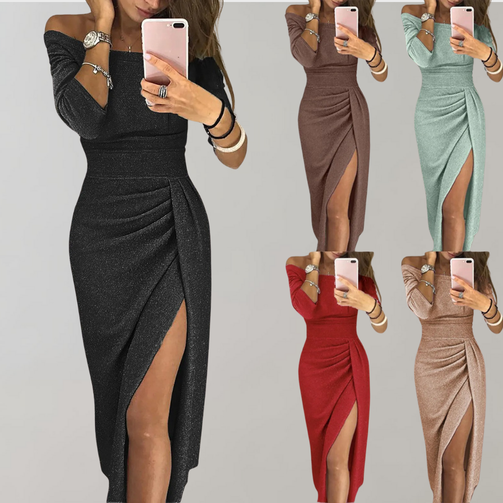 Glitter Off Shoulder Waistband Ruched Wrap High Split Bodycon Midi Dress