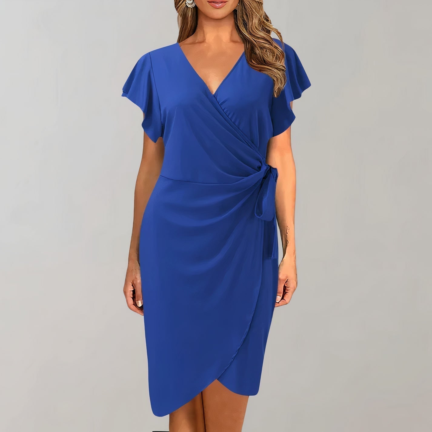 V-Neck Flutter Sleeve Wrap Tie Waist Tulip Hem Mini Dress