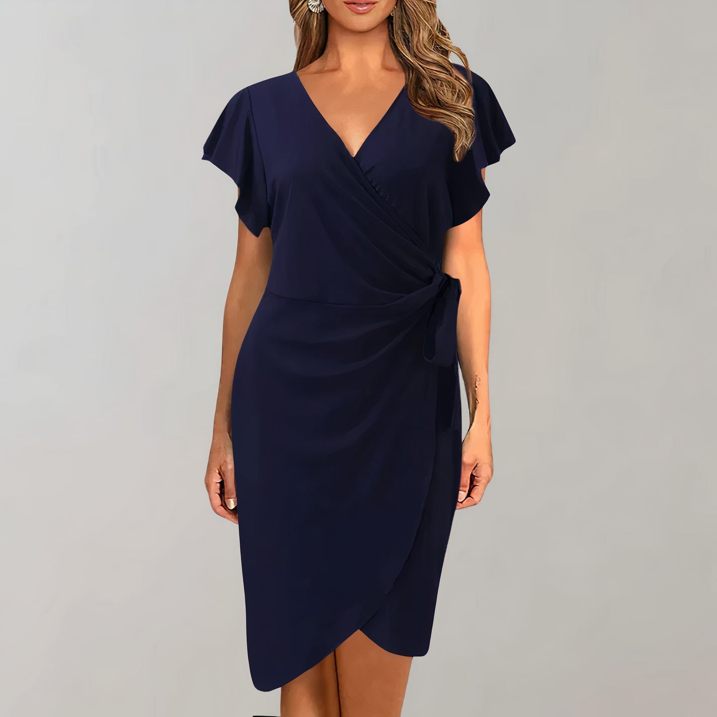 V-Neck Flutter Sleeve Wrap Tie Waist Tulip Hem Mini Dress