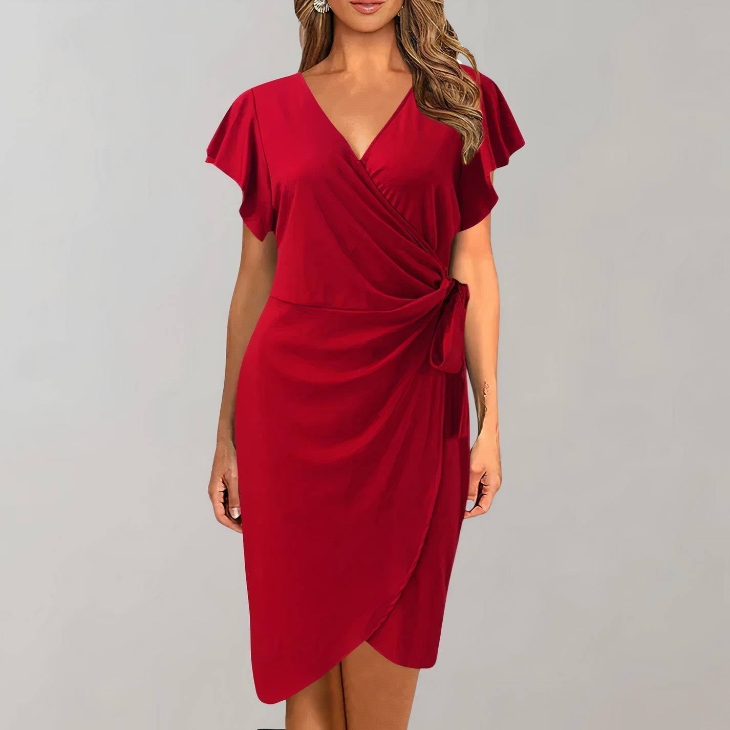 V-Neck Flutter Sleeve Wrap Tie Waist Tulip Hem Mini Dress