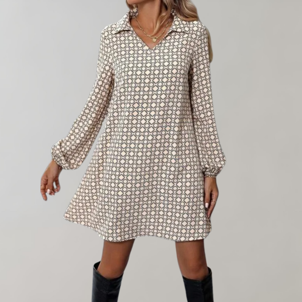 Geometric Print Collar V-Neck Bishop Sleeve A-Line Mini Dress