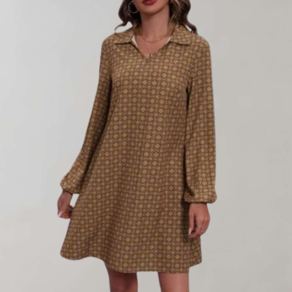 Geometric Print Collar V-Neck Bishop Sleeve A-Line Mini Dress