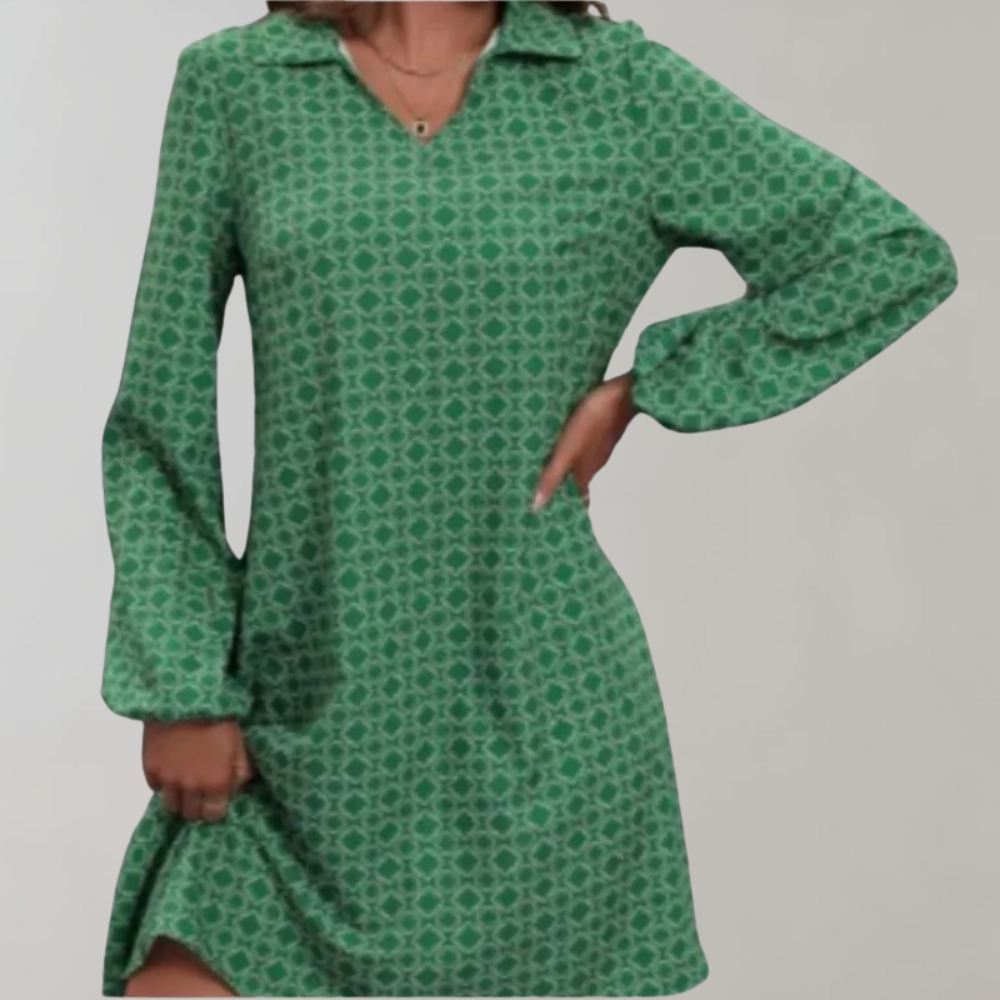 Geometric Print Collar V-Neck Bishop Sleeve A-Line Mini Dress