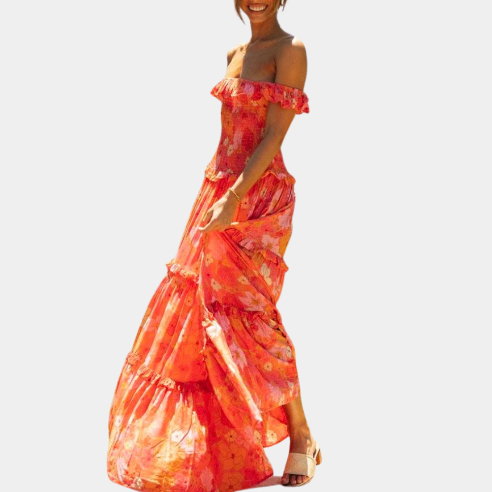Off Shoulder Smocked Ruffle Tiered Floral Print Maxi Dress