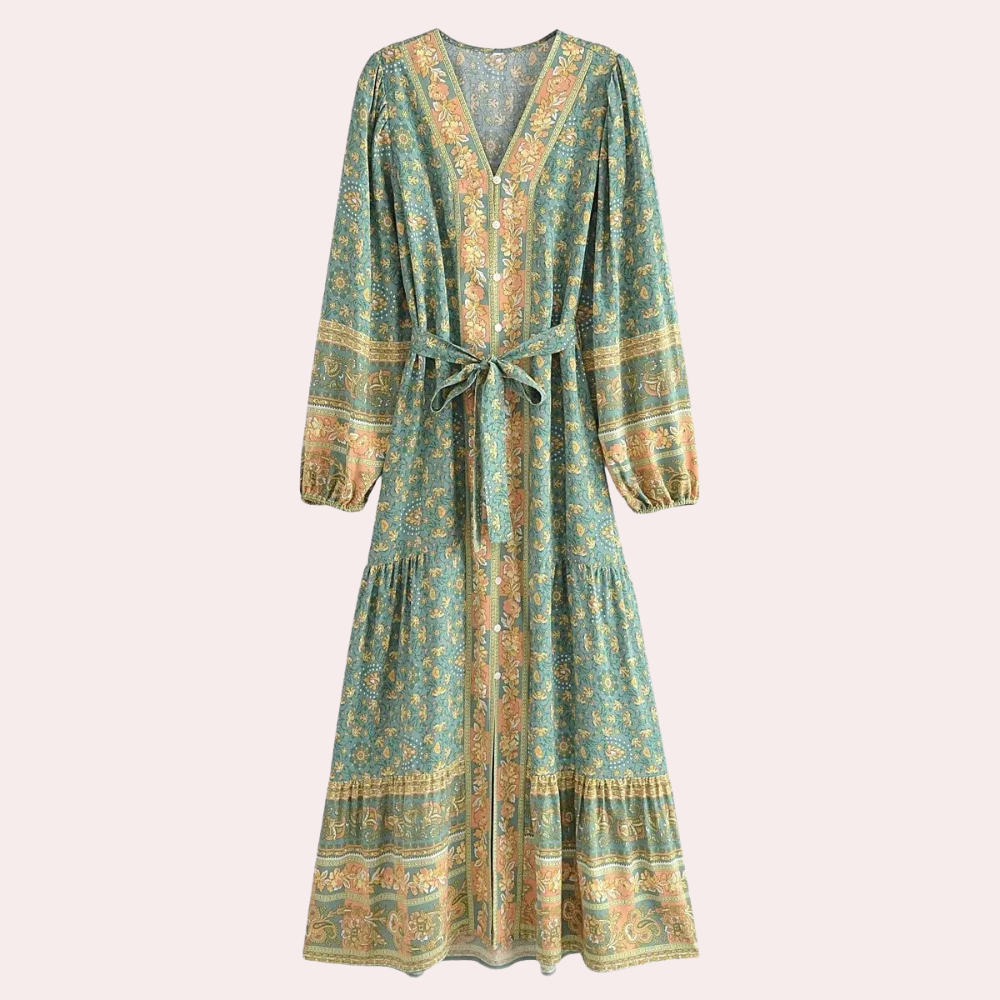 Floral Paisley Print V-Neck Button Front Long Sleeve Tiered Ruffle Maxi Dress
