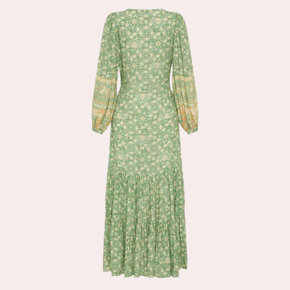 Floral Paisley Print V-Neck Button Front Long Sleeve Tiered Ruffle Maxi Dress