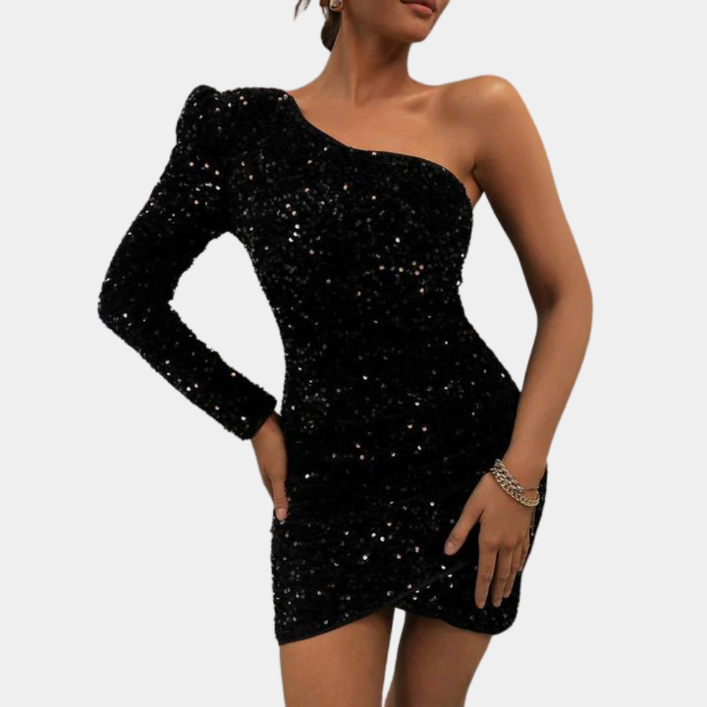 Sequin One Shoulder Long Sleeve Ruched Bodycon Mini Dress