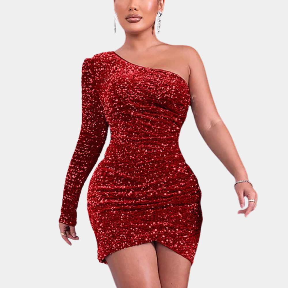 Sequin One Shoulder Long Sleeve Ruched Bodycon Mini Dress