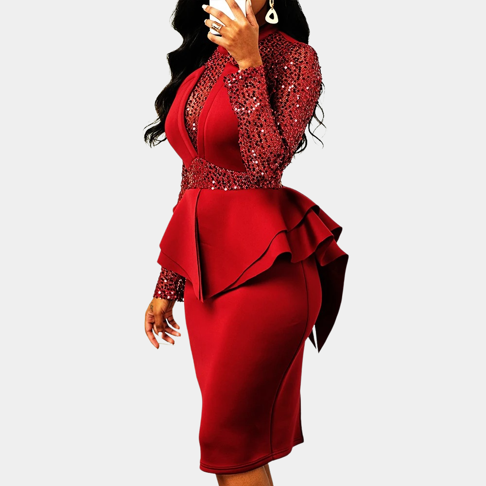 Sequin High Neck Long Sleeve Peplum Bodycon Midi Dress