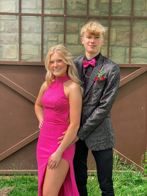 Beaded Slit Sheath Prom Dress Hot Pink Long Evening Dress cc1233