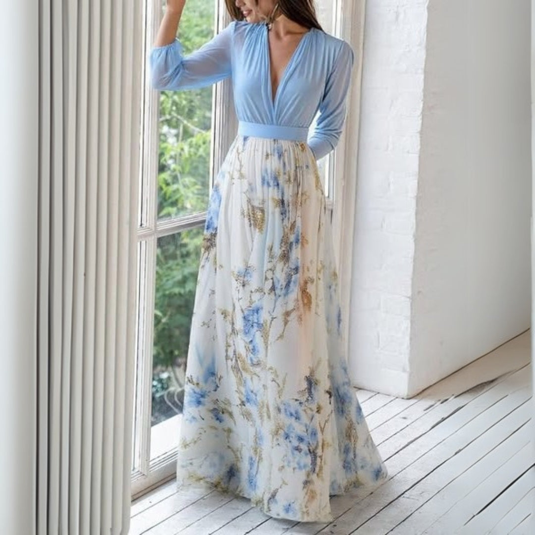 Floral Chiffon Deep V-Neck Long Sleeve Maxi Gown 2