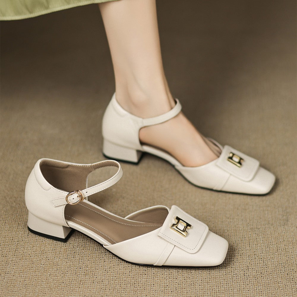 Square Toe Metal Buckle Ankle Strap Block Heel Mary Jane Pumps