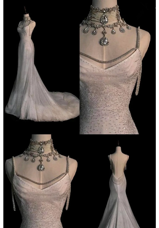 Fairytale Mermaid Spaghetti Straps Wedding Dresses Glittering Straps Backless Wedding Dress C3535