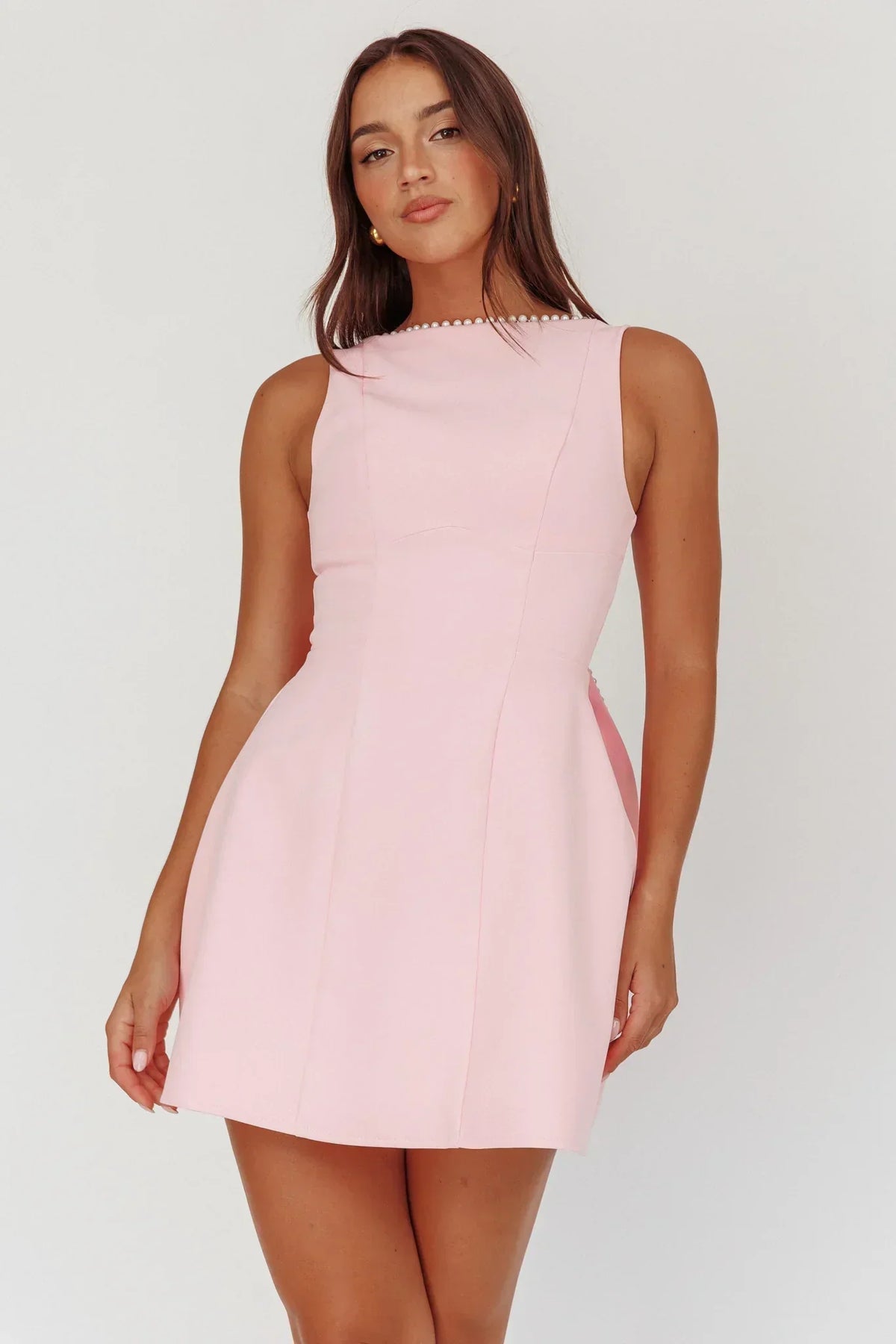 Opulent Pearl Trim Oversized Bow Mini Dress Pink