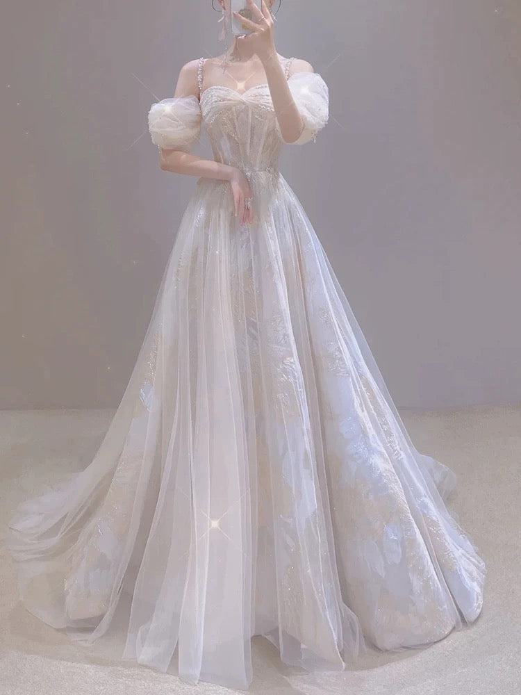 Vintage A line Straps White Tulle Long Wedding Dresses With Beads C3577