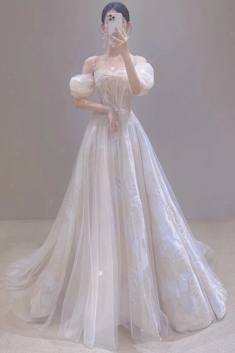 Vintage A line Straps White Tulle Long Wedding Dresses With Beads C3577