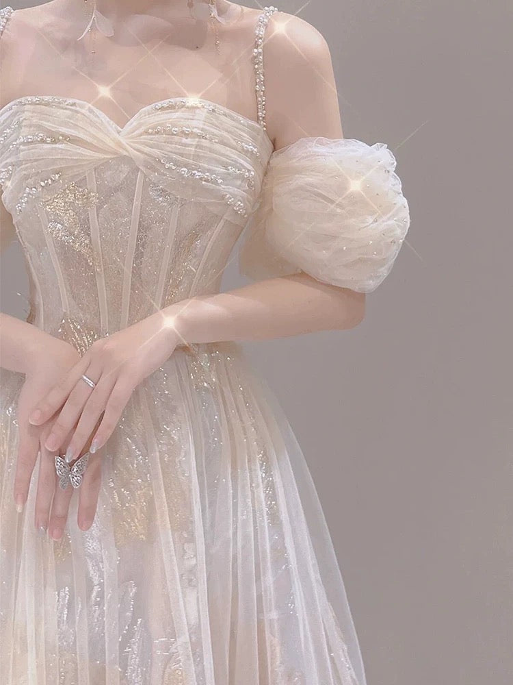 Vintage A line Straps White Tulle Long Wedding Dresses With Beads C3577