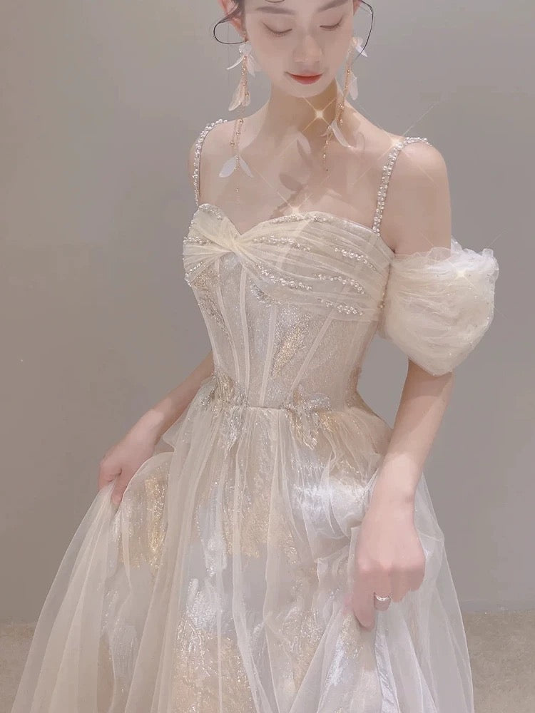 Vintage A line Straps White Tulle Long Wedding Dresses With Beads C3577