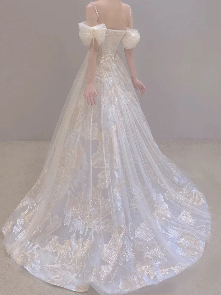 Vintage A line Straps White Tulle Long Wedding Dresses With Beads C3577