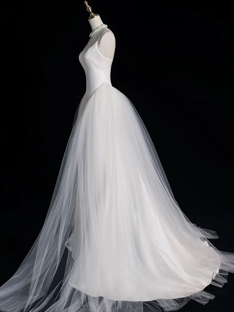 Chic Sheath Spaghetti Straps Sleeveless White Satin Wedding Dresses With Ruffles C3596