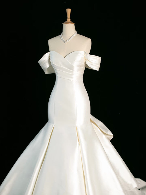 Chic Mermaid Strapless Sleeveless White Satin Wedding Dresses With Ruffles C3743