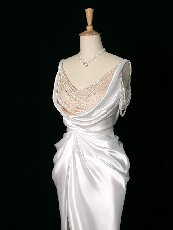 Vintage Mermaid Jewel Neckline White Satin Slit Wedding Dresses With Pearls C3765