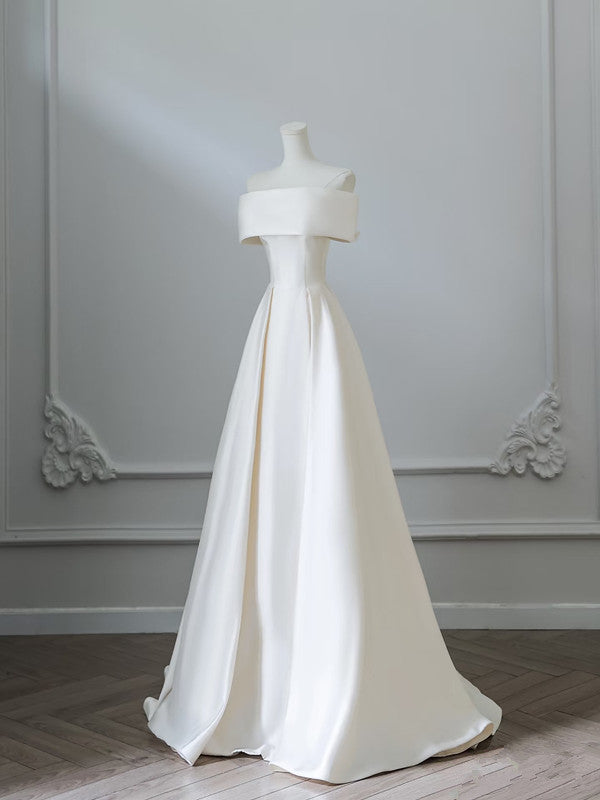 Simple A Line Off The Shoulder White Satin Bridal Dress Wedding dress With Ruffles C3805