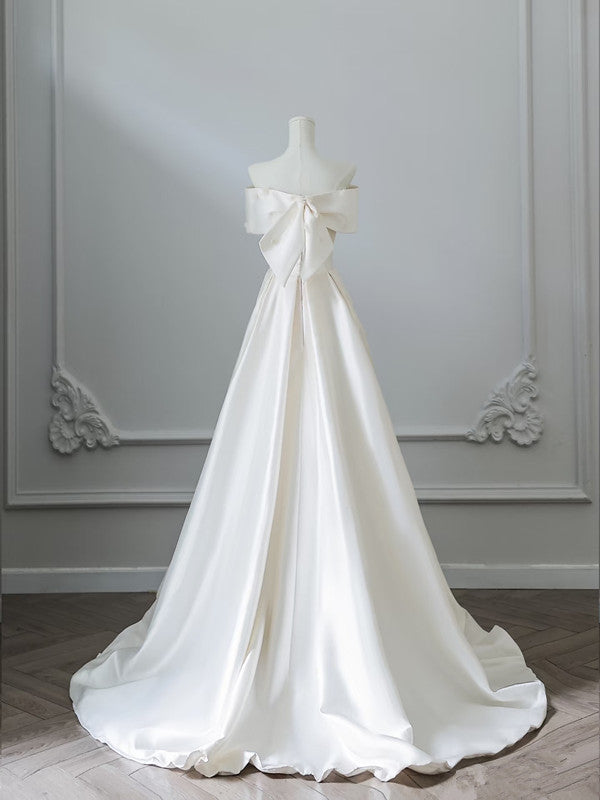Simple A Line Off The Shoulder White Satin Bridal Dress Wedding dress With Ruffles C3805