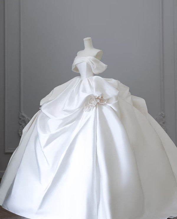 Chic Ball Gown Off The Shoulder White Short Sleeves Floral Satin Wedding Dresses With Ruffles C3806