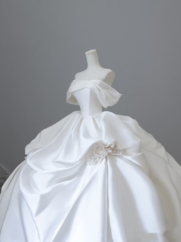 Chic Ball Gown Off The Shoulder White Short Sleeves Floral Satin Wedding Dresses With Ruffles C3806