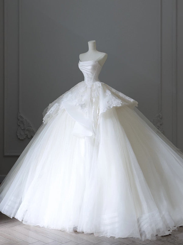 Chic Ball Gown Strapless White Sleeveless Lace Satin Wedding Dresses With Ruffles C3809