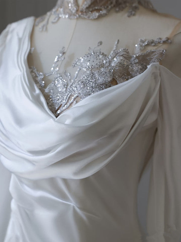 Vintage Mermaid High Neckline White Satin Sequin Appliques Wedding Dresses C3810