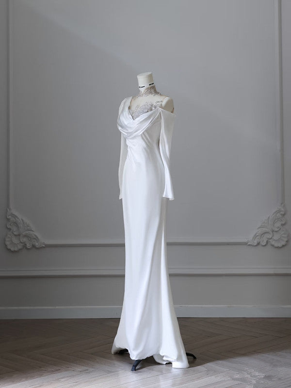 Vintage Mermaid High Neckline White Satin Sequin Appliques Wedding Dresses C3810