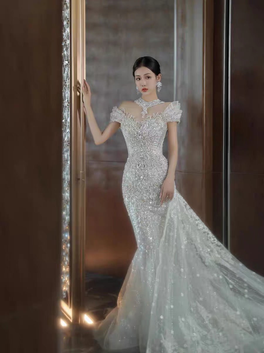Timeless Mermaid Off The Shoulder White Tulle Sequin Long Wedding Dresses C3812