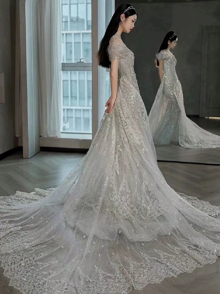 Timeless Mermaid Off The Shoulder White Tulle Sequin Long Wedding Dresses C3812