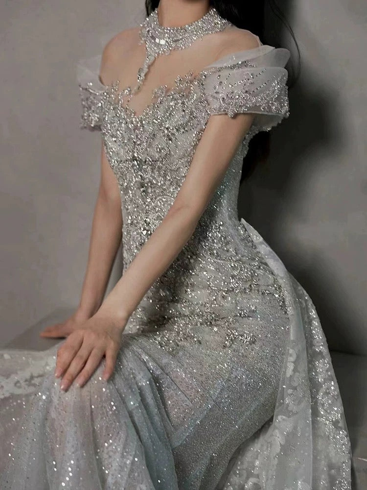 Timeless Mermaid Off The Shoulder White Tulle Sequin Long Wedding Dresses C3812