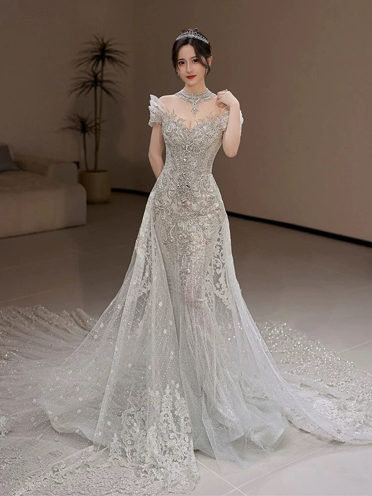 Timeless Mermaid Off The Shoulder White Tulle Sequin Long Wedding Dresses C3812