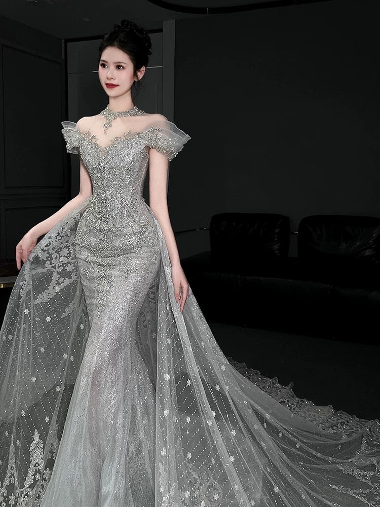 Timeless Mermaid Off The Shoulder White Tulle Sequin Long Wedding Dresses C3812