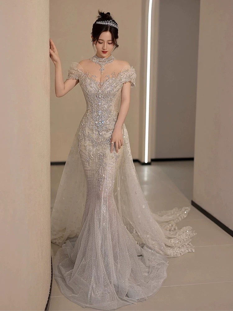 Timeless Mermaid Off The Shoulder White Tulle Sequin Long Wedding Dresses C3812