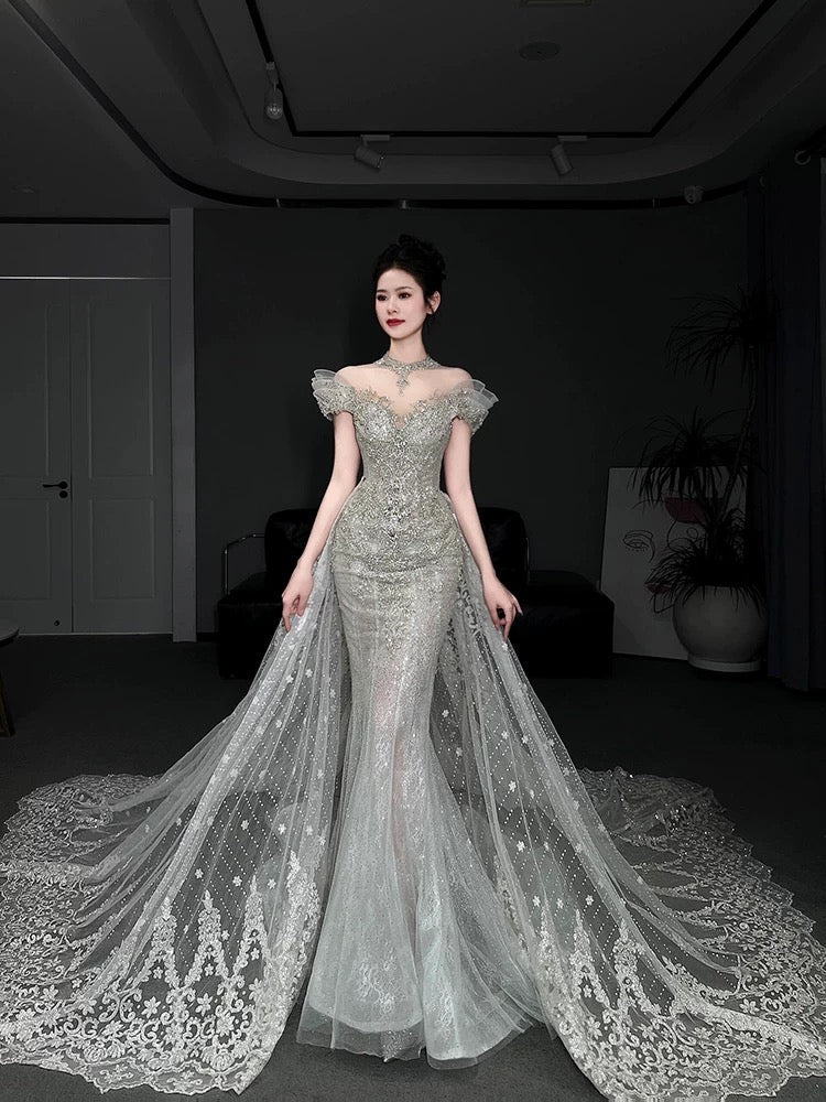 Timeless Mermaid Off The Shoulder White Tulle Sequin Long Wedding Dresses C3812