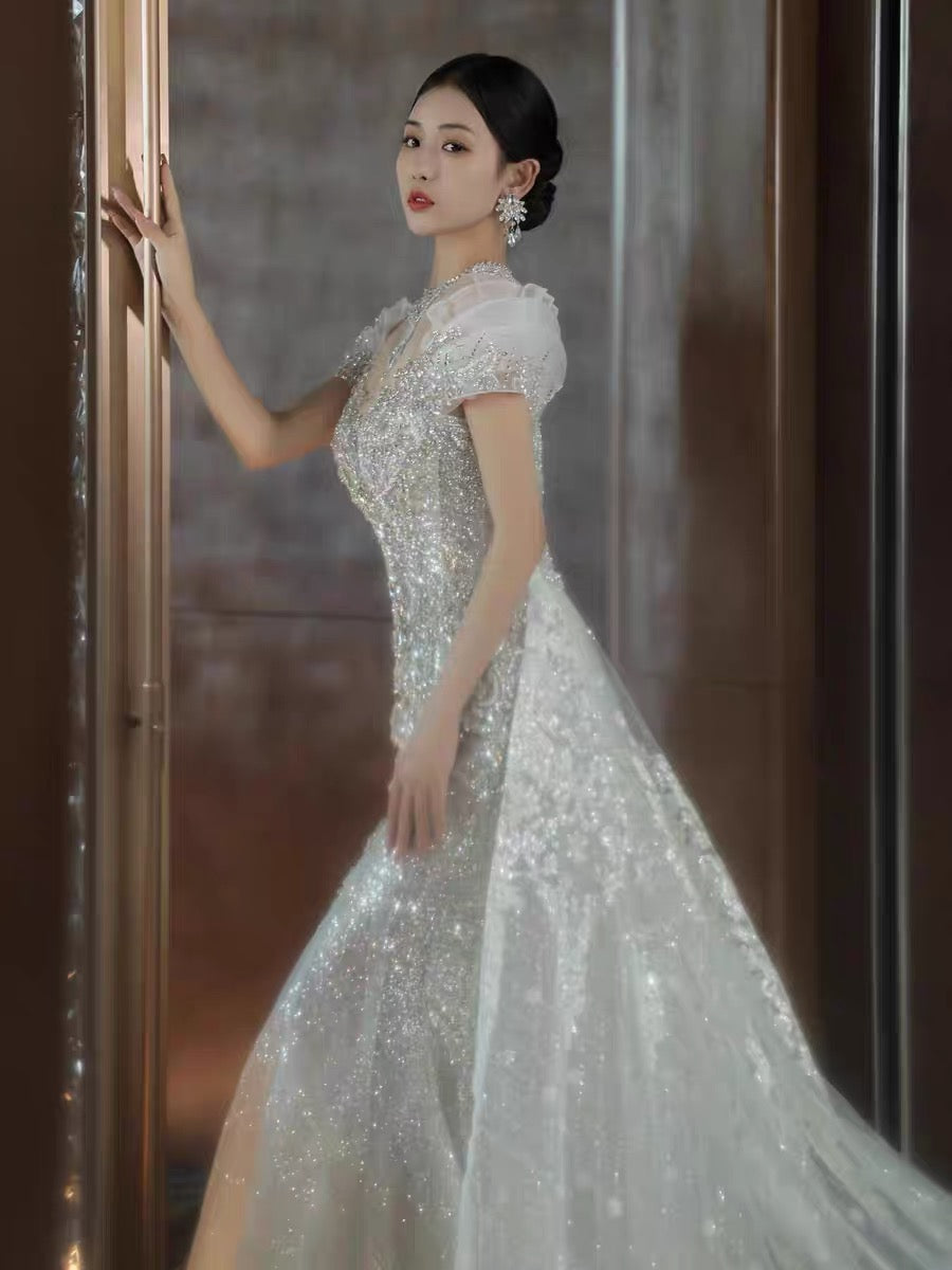 Timeless Mermaid Off The Shoulder White Tulle Sequin Long Wedding Dresses C3812