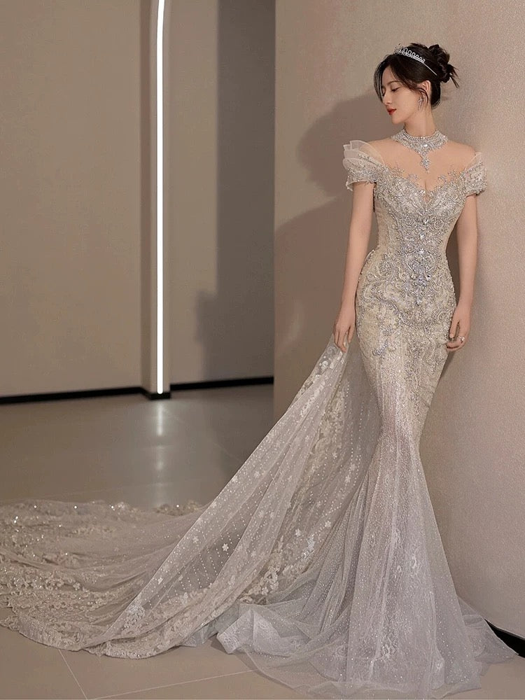 Timeless Mermaid Off The Shoulder White Tulle Sequin Long Wedding Dresses C3812