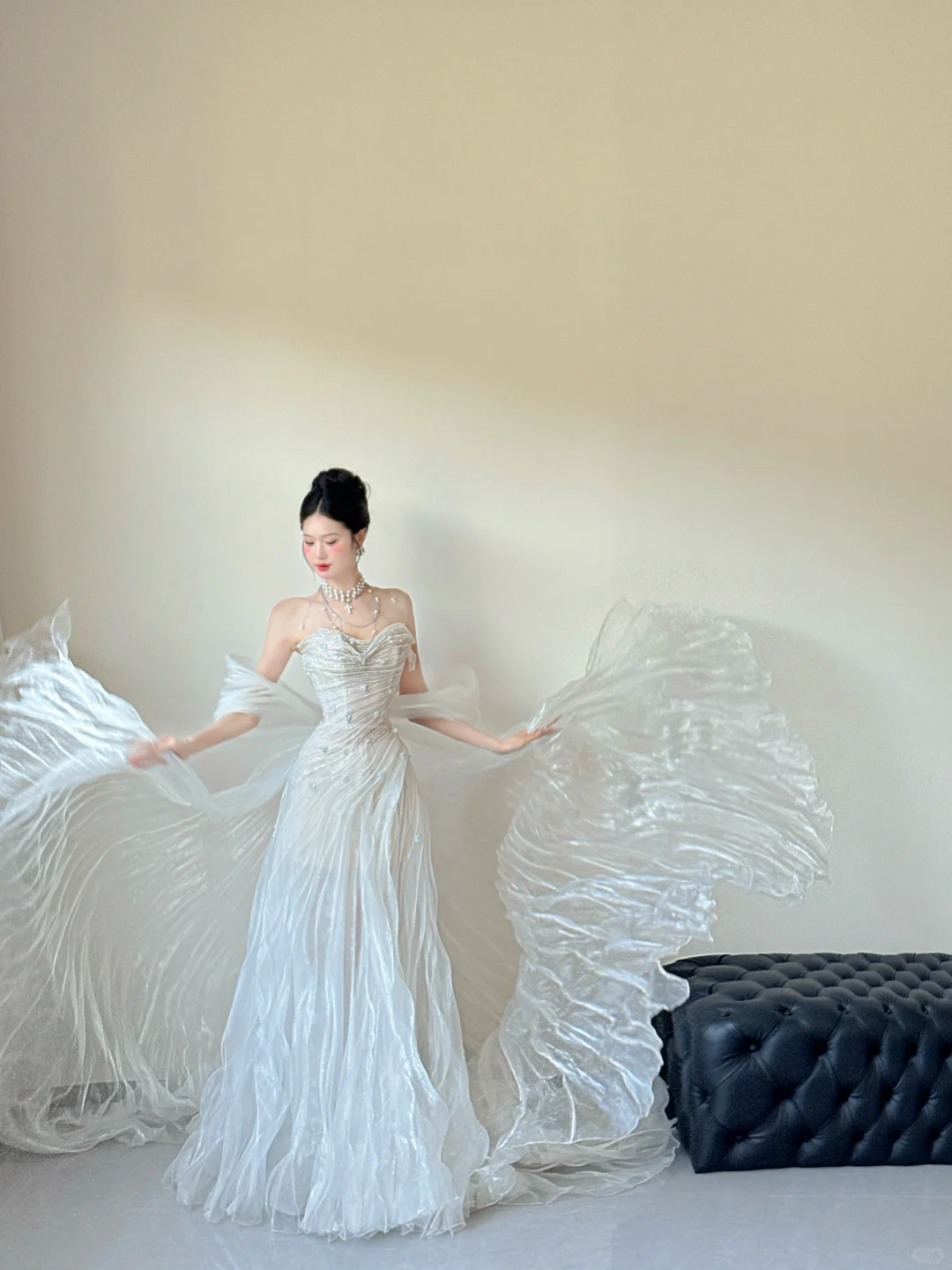 Unique A Line Off The Shoulder White Tulle Beaded Ruffles Long Wedding Dresses C3817