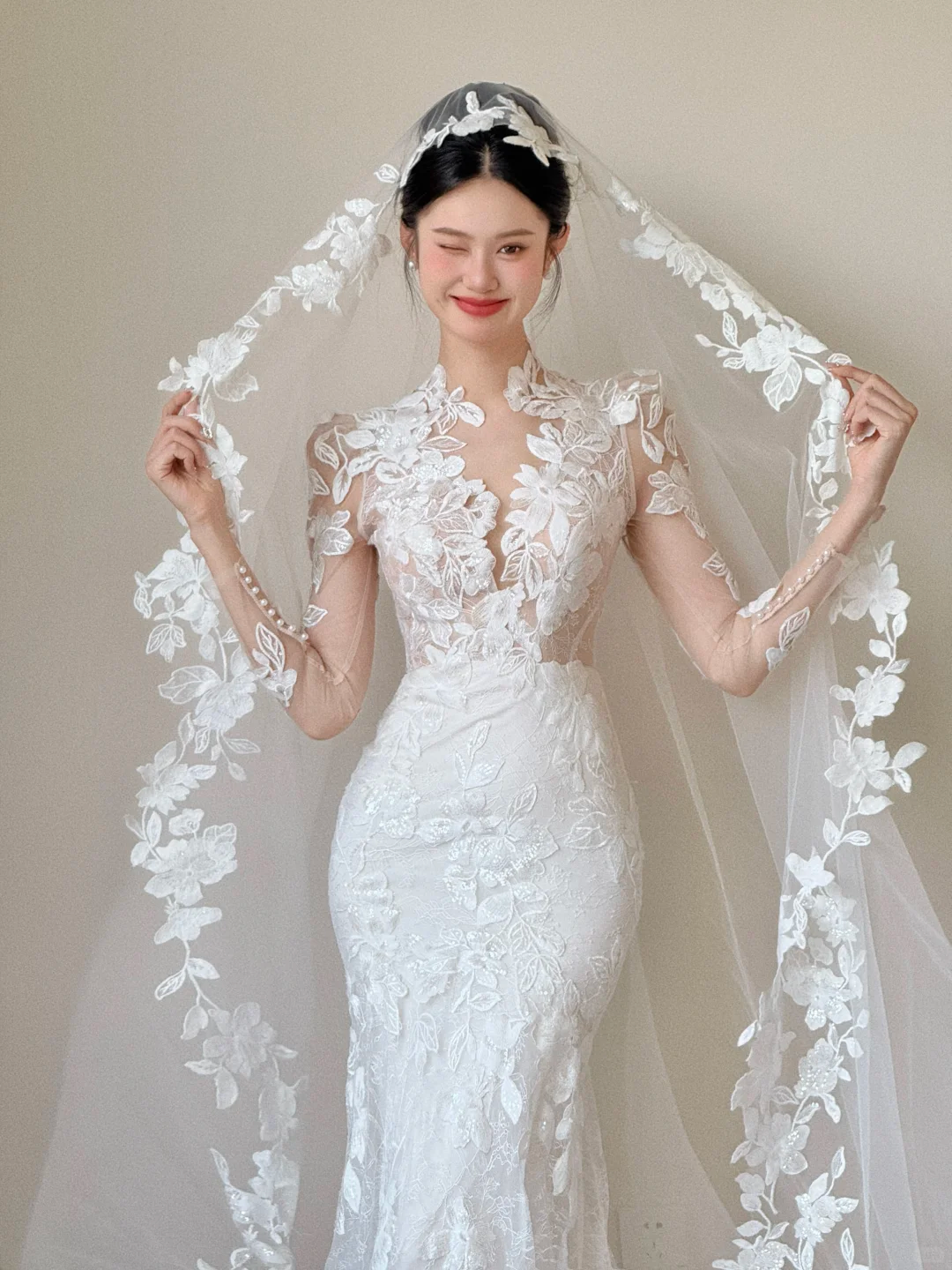 Dreamy White Mermaid Tulle Lace Applique With Veil Long Wedding Dresses C3819